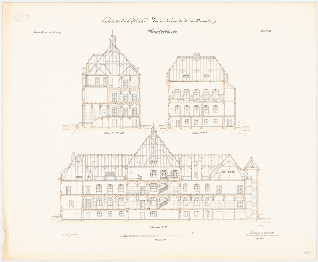 A drawing of a building with many windows, labeled "Landwirtschaftbibliothek Versuchtsstalt in Bremberg" on white paper.