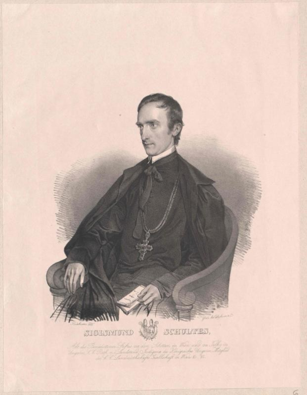 Engraving of Sigismund Schultes, the German Chancellor of the Federal Republic of Germany, seated in a chair holding a book.