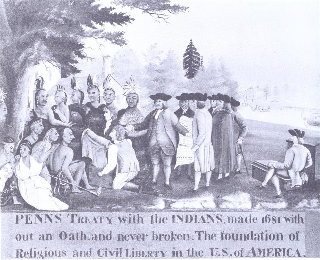 Poster titled "Penns Treaty with the Indians, made 1681" showing a group of people gathered outdoors with trees and sky in the background.