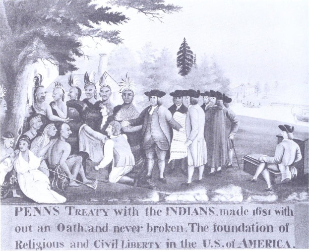 Poster titled "Penns Treaty with the Indians, made 1681" showing a group of people gathered outdoors with trees and sky in the background.