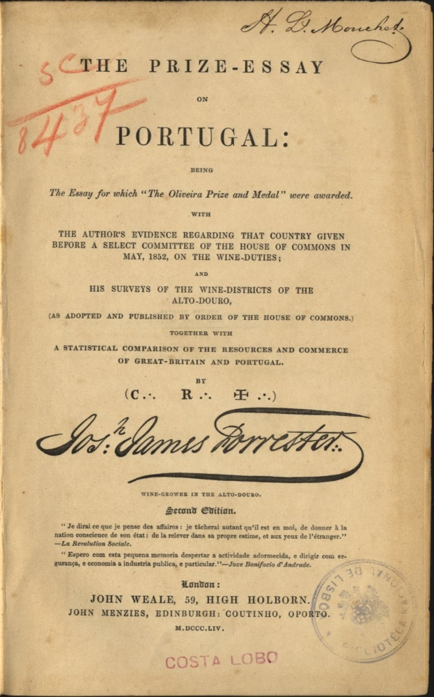 Old book titled "The Prize-Essay on Portugal" with a stamp on its cover against a black background.