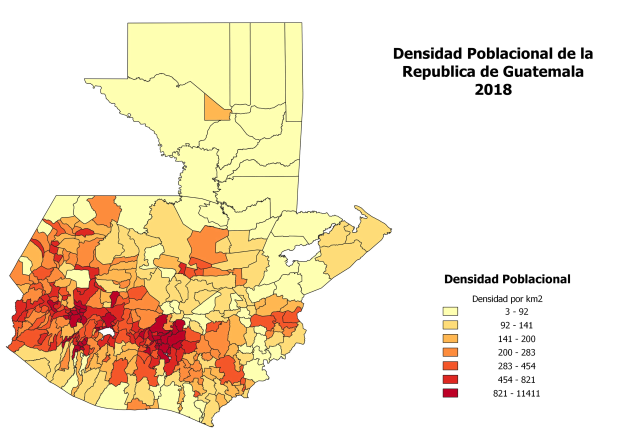 Color-coded map of Guatemala showing population density percentages, titled "Densidad Poblacional de la República de Guatemala 2018".