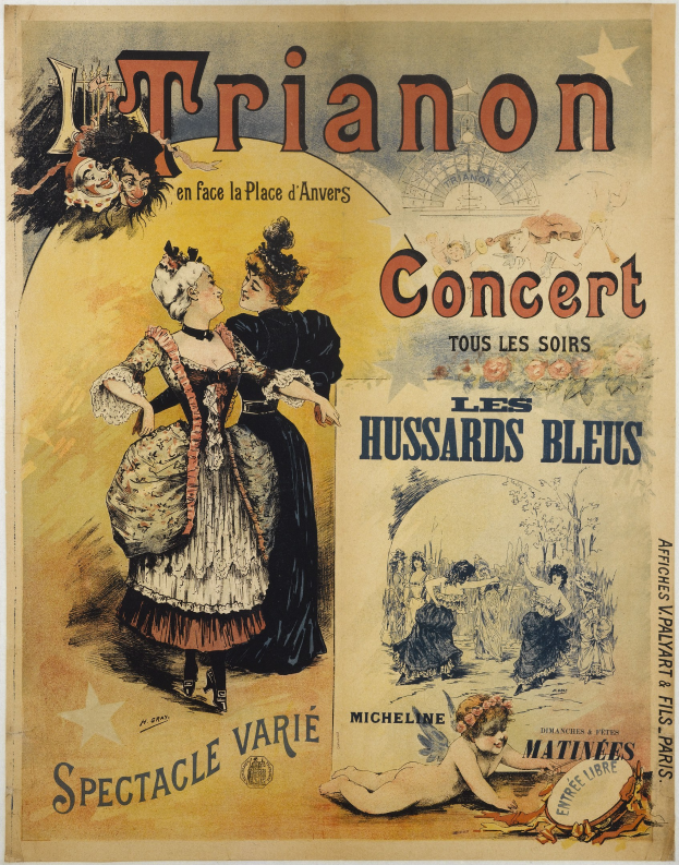 Plakat für ein Konzert mit einer Frau in einem langen, hochgeschlossenen Kleid und einem Mann im Anzug, der hinter ihr steht und die Arme verschränkt, beide mit ernsten Gesichtern.