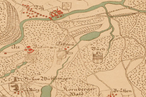 Ein detailliertes altes Stadtplan von Berlin, Deutschland, das die Schlacht am Rhein Fluss zeigt, mit beschrifteten Städten, Dörfern und dem Verlauf des Flusses, begleitet von beschreibendem Text über die Schlacht.