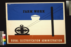 Ein Plakat mit fetter, schwarzer Schrift, die "Bauer Arbeit Landstromverwaltung" auf einem weißen Hintergrund liest, von einem dünnen schwarzen Rahmen umgeben und mit einer Grafik eines Bauernhofs mit einem Traktor und einem Stall.