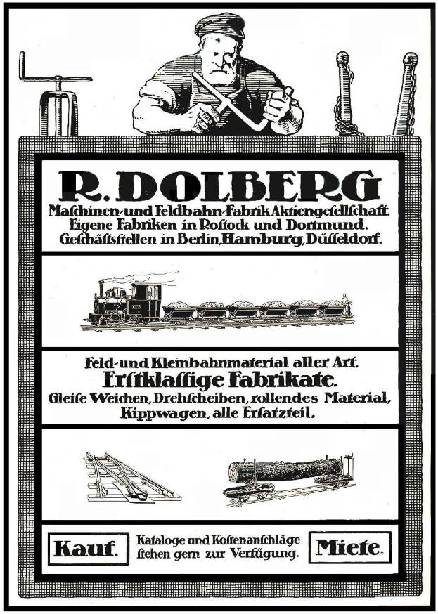 Anzeigetafel für die Fabrik von R.D. Dolberg in Hamburg, Deutschland, mit Text und Bildern, darunter eine Person, ein Zug und andere Gegenstände.