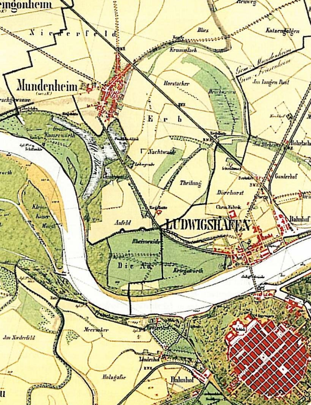 Old detailed map of Ludwigschaften, Germany, showing streets, buildings, and landmarks.