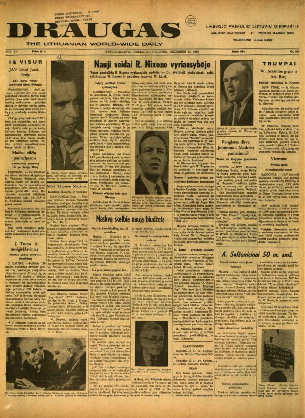 Black-and-white front page of the Lithuanian newspaper "Draugas" with photos of smiling people and text in black ink on yellowed paper.