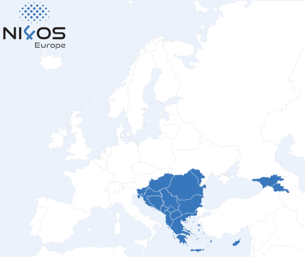 A map of Europe with provinces highlighted in blue and "Nixos Europe" text in the top left corner.