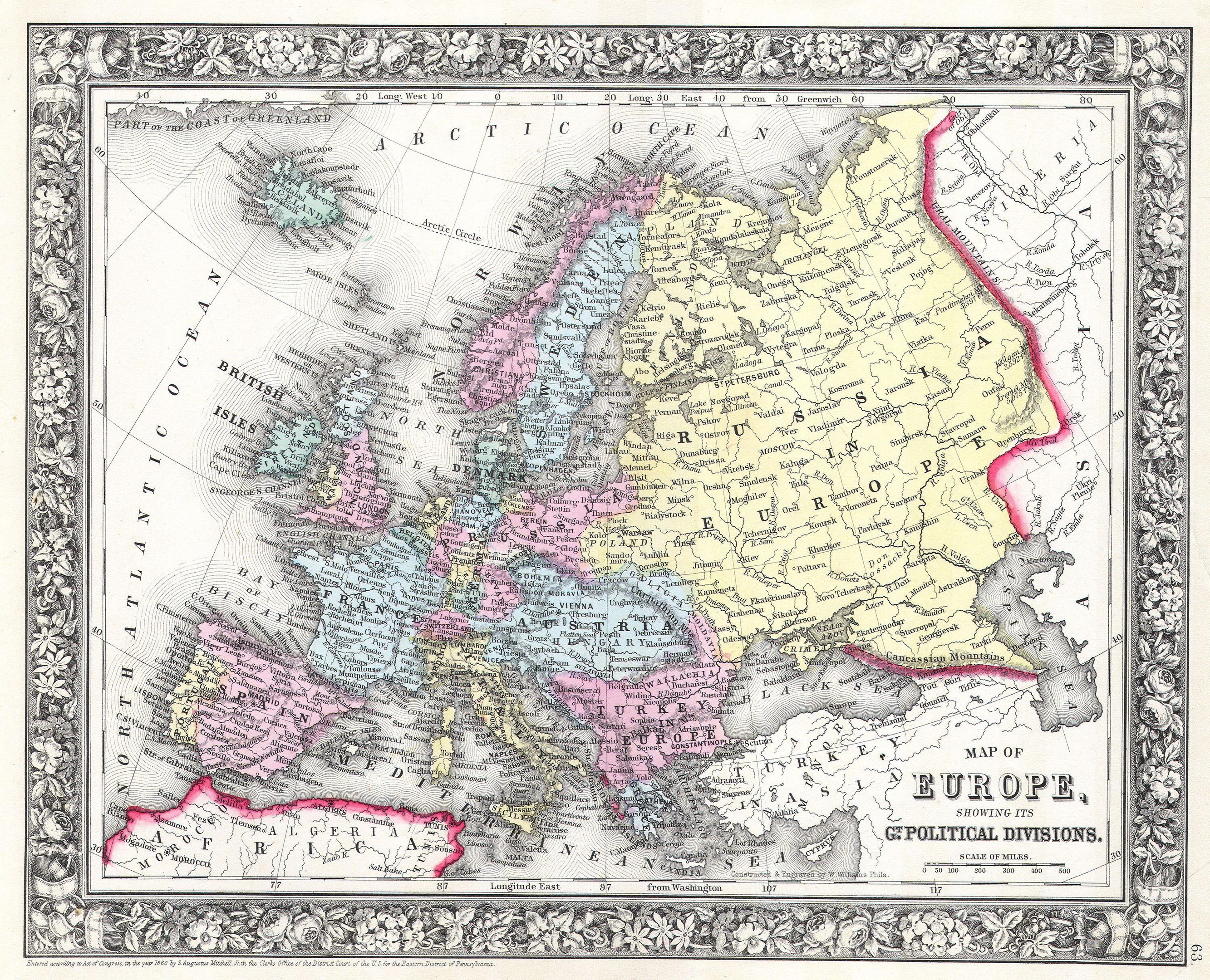 A framed antique map of Europe with the British Empire's extent in the background, labeled "Map of Europe showing its political divisions."
