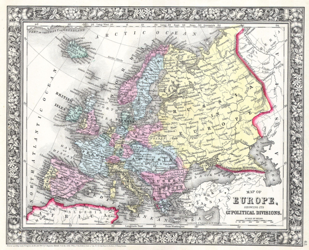 A framed antique map of Europe with the British Empire's extent in the background, labeled "Map of Europe showing its political divisions."
