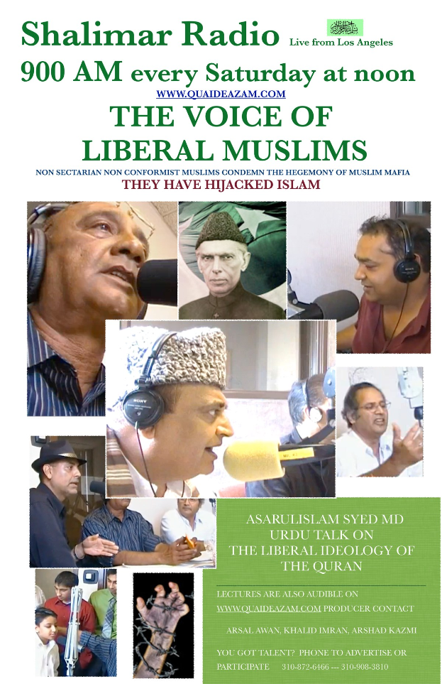 Plakat, das die Radioshow 'Die Stimme der liberalen Muslime' ankündigt, zeigt Bilder von Menschen mit Kopfhörern und Mikrofonen in einem Gespräch.