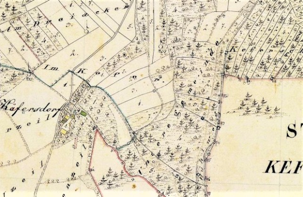 Ein detailliertes altes Stadtplan von Kefendorf, der Straßen, Gebäude, Sehenswürdigkeiten und Texte enthält, die Informationen über die Bevölkerung, Sehenswürdigkeiten und Straßen der Stadt bereitstellen.