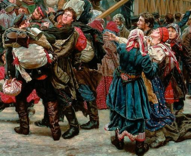 Gemälde, das eine lebhafte Szene von Menschen zeigt, die in traditioneller russischer Kleidung während der Russischen Revolution tanzen und Gegenstände halten, vor einem Publikum und einem hölzernen Haus.
