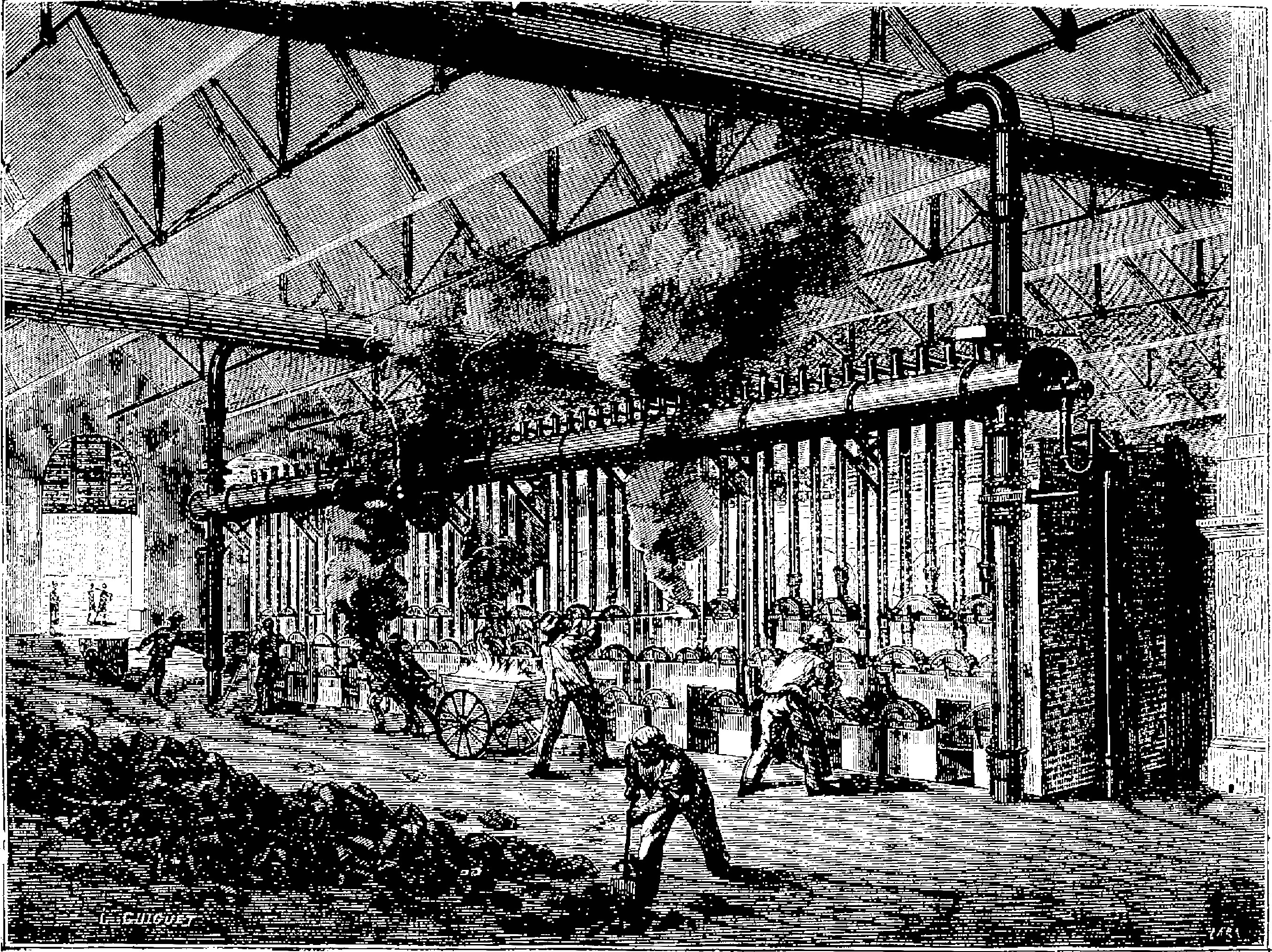 Black and white drawing of a busy 1910s steel mill factory interior with workers, poles, and machinery.