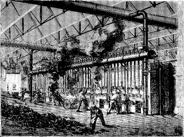 Black and white drawing of a busy 1910s steel mill factory interior with workers, poles, and machinery.