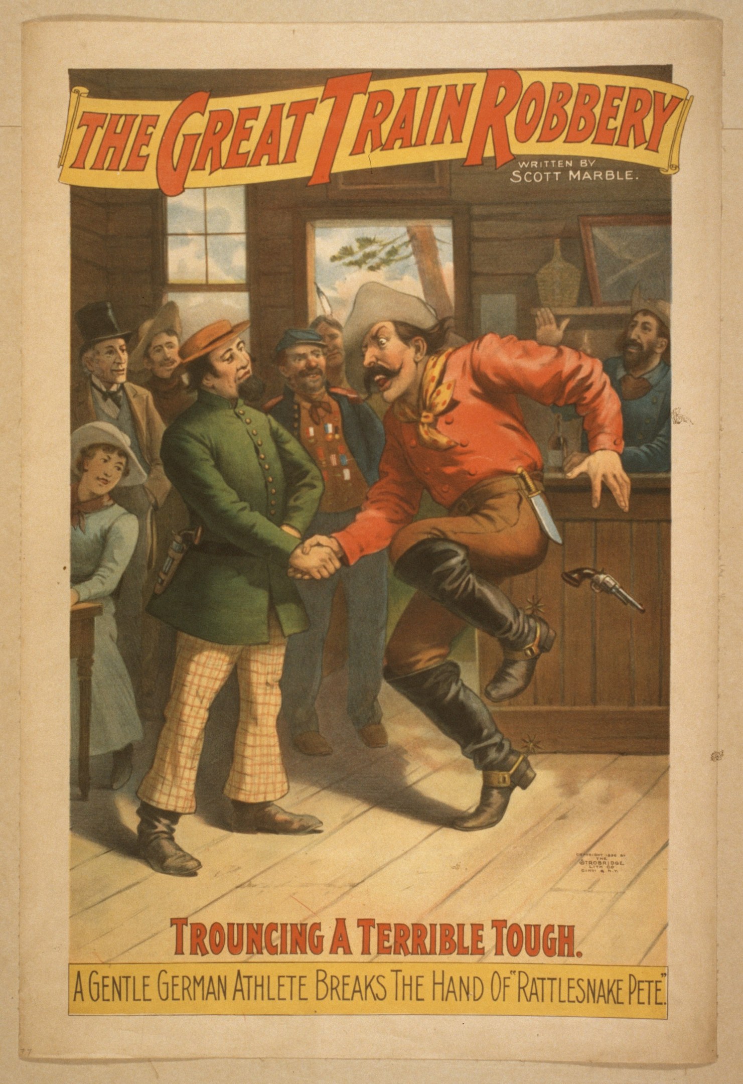 Plakat zeigt eine Gruppe von Menschen auf einem Boden mit einer Person, die eine Waffe hält, ein Fenster und eine Wand im Hintergrund und den Text "Der große Zugraub - Trouching ein Schreckliches Tough" oben und unten.