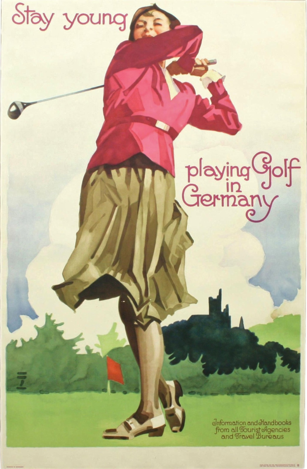 Woman standing on a golf course in Germany, holding a golf club with a flag and trees in the background, as part of a promotional poster.