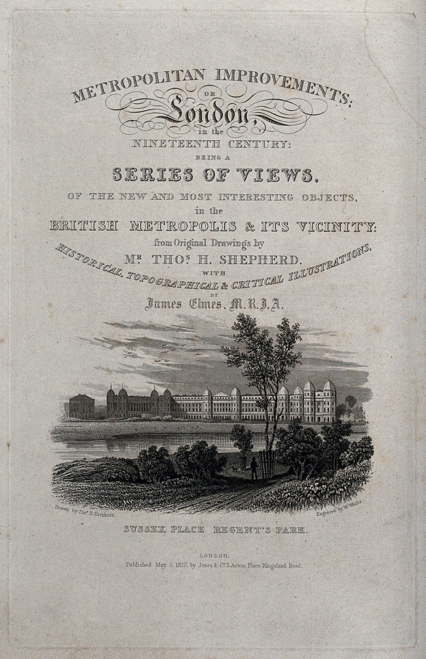 Old book cover with a detailed illustration of a cityscape, including green trees, tall buildings, and classic-style text.