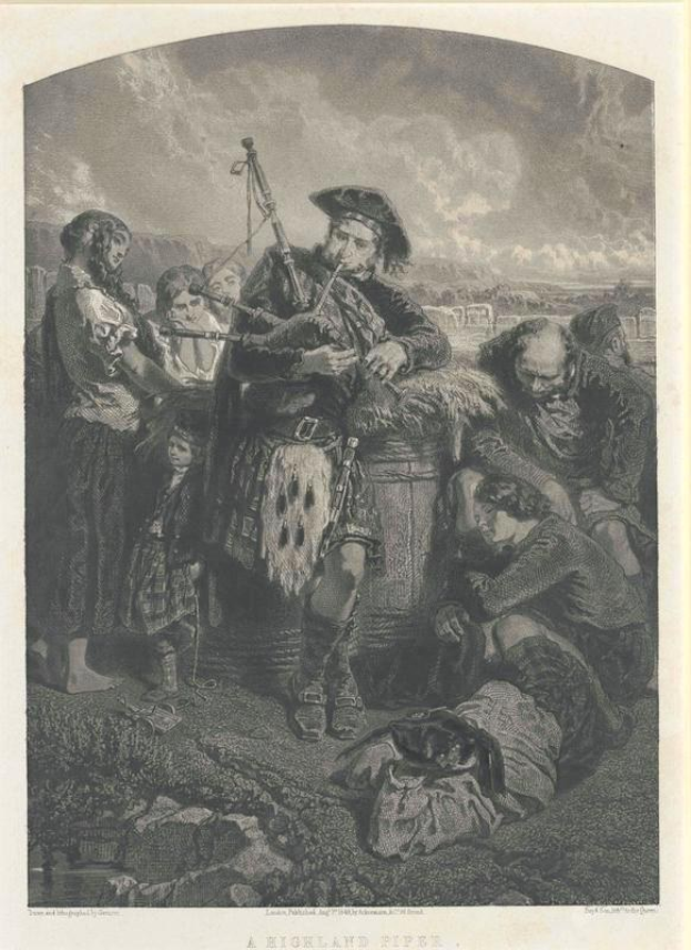 Schwarze und weiße Gravur eines Mannes, der eine Dudelsack vor einer Gruppe von Menschen unter einem bewölkten Himmel spielt, mit dem Text "Ein Highland Dudelsack" unten.