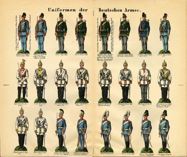A book displaying brightly colored German Army military uniforms with detailed elements like helmets, rifles, and weapons.