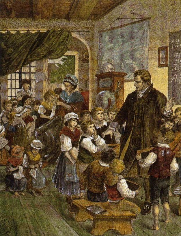 Ein Gemälde mit dem Titel "Der Lehrerunterricht" von William Hogarth, das einen Mann vor einer Klasse mit Kindern zeigt, einige sitzen auf Bänken und andere stehen, mit einer Tafel, einem Foto, einem Fenster, einem Vorhang und einem Dach auf der rechten Seite.