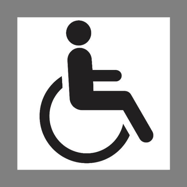 Ein schwarzes und weißes Schild mit einer Person im Rollstuhl vor einem grauen Hintergrund, das die Barrierefreiheit für Menschen mit Behinderung symbolisiert.