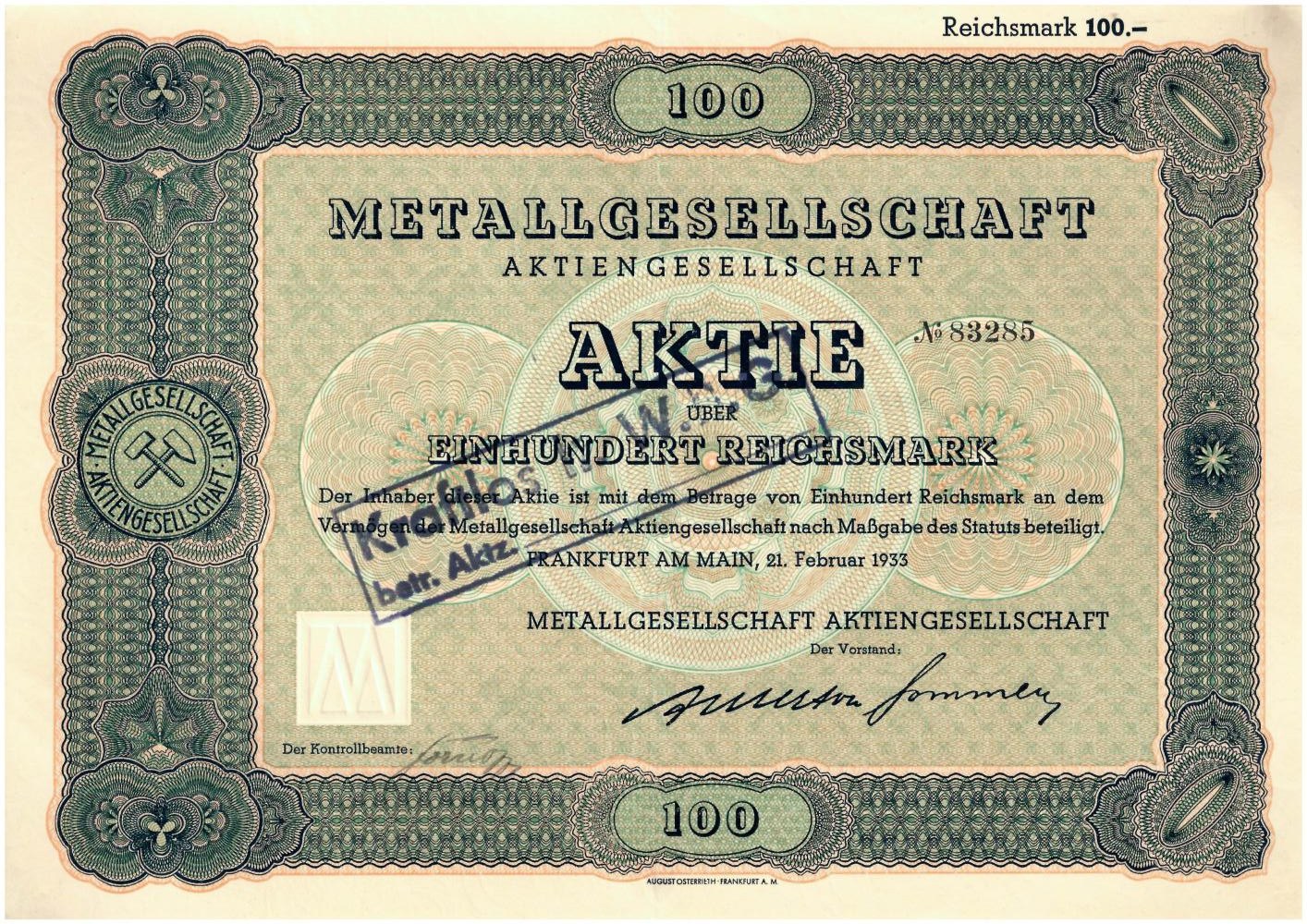 Alte deutsche 100 Reichsmark-Banknote von 1933 mit 'Metallgesellschaft Aktie' darauf gedruckt.