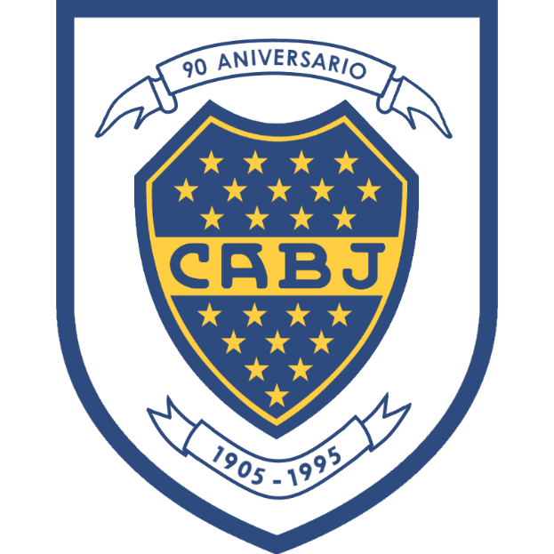 Das Logo von Boca Juniors, einem brasilianischen Fussballclub, feiert seinen 90. Geburtstag mit einem blauen und gelben Schild mit dem Clubnamen in fetter weisser Schrift, einem gelben Stern in der Mitte und den Worten "Boca Junio" in kleinerer Schrift darunter.