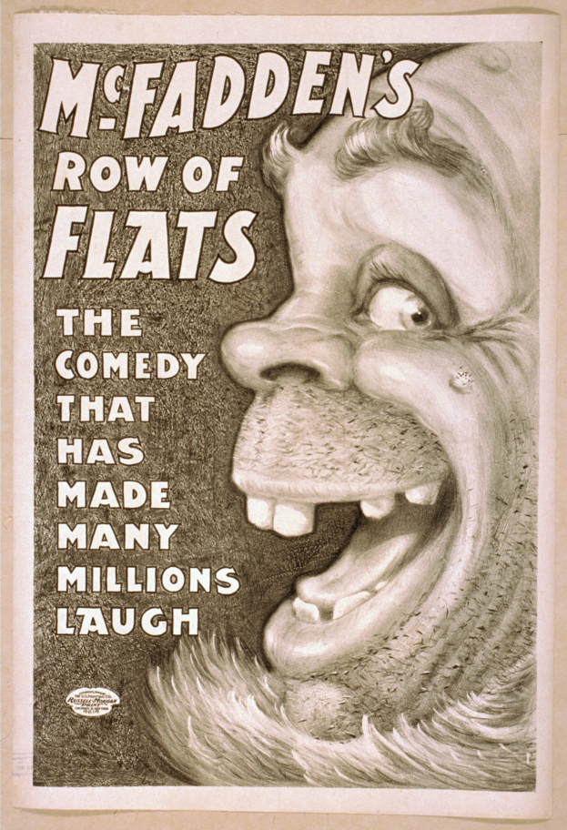 Poster featuring a laughing person with wild hair, wide eyes, and a toothy grin, set against a bright yellow background, with text reading "McFadden's Row of Flats: The Comedy That Has Made Many Millions Laugh."