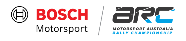 Die Logos von Bosch Motorsport und Motorsport Australia Rally Championship sind in der Mitte eines weißen Hintergrunds zu sehen. Darüber stehen die Wörter 'Bosch Motorsport' und 'Australia Rally Championship' in fetter schwarzer Schrift.
