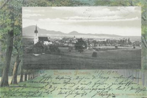 Ein altes Postkartenmotiv, das eine Stadtansicht von einem Hügel aus zeigt, mit Bäumen, Gebäuden, fernen Hügeln und einem bewölkten Himmel, beschriftet mit "Wiesbaden, Deutschland" unten.