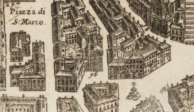 Ein detailliertes handgezeichnetes Stadtbild mit verschiedenen architectural buildings und handgeschriebenen Notizen auf dem Papier.