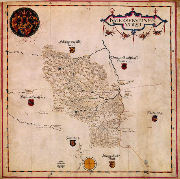 Eine Karte von Bayern aus dem 15. Jahrhundert, die geographische Merkmale wie Fl├╝sse, Berge und St├Ądte zeigt, begleitet von informativem Text und Logos.