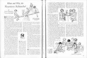 Ein aufgeschlagenes Buch mit einer Zeichnung von spielenden Kindern in einer Kita, begleitet von Text, zusätzlichen Kinderzeichnungen und einer Tabelle mit verschiedenen Gegenständen.