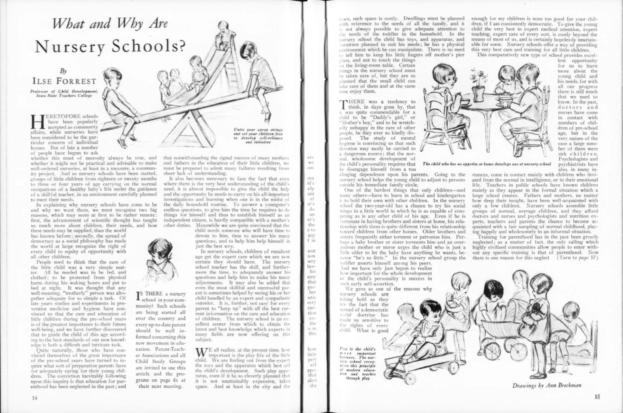 Ein aufgeschlagenes Buch mit einer Zeichnung von spielenden Kindern in einer Kita, begleitet von Text, zusätzlichen Kinderzeichnungen und einer Tabelle mit verschiedenen Gegenständen.