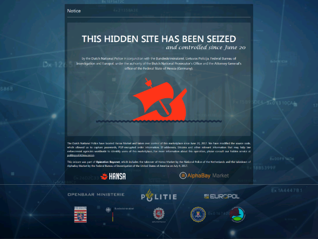 Ein Computerbildschirm zeigt eine Nachricht in fetter, schwarzer Schrift, die "Dieser versteckte Ort wurde beschlagnahmt" lautet, mit einem weißen Rand, begleitet von einem Logo der niederländischen Nationalpolizei mit einem Schild mit blauem Hintergrund und einem weißen Stern in der Mitte.