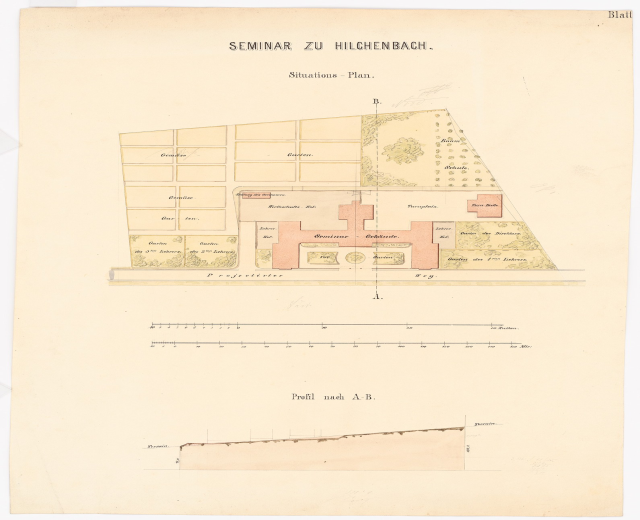 Black and white architectural site plan for the seminar zu hilchenbach, featuring a drawing of multiple buildings with accompanying text.