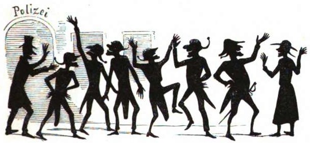 Black and white drawing of people dancing joyfully in front of a tall building with "Polizei" written above them.