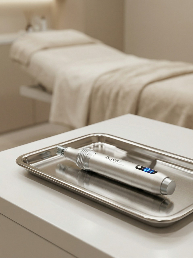 Ein professionelles Microneedling-Gerät auf einem sterilen Tablett in einem modernen Kosmetikstudio.