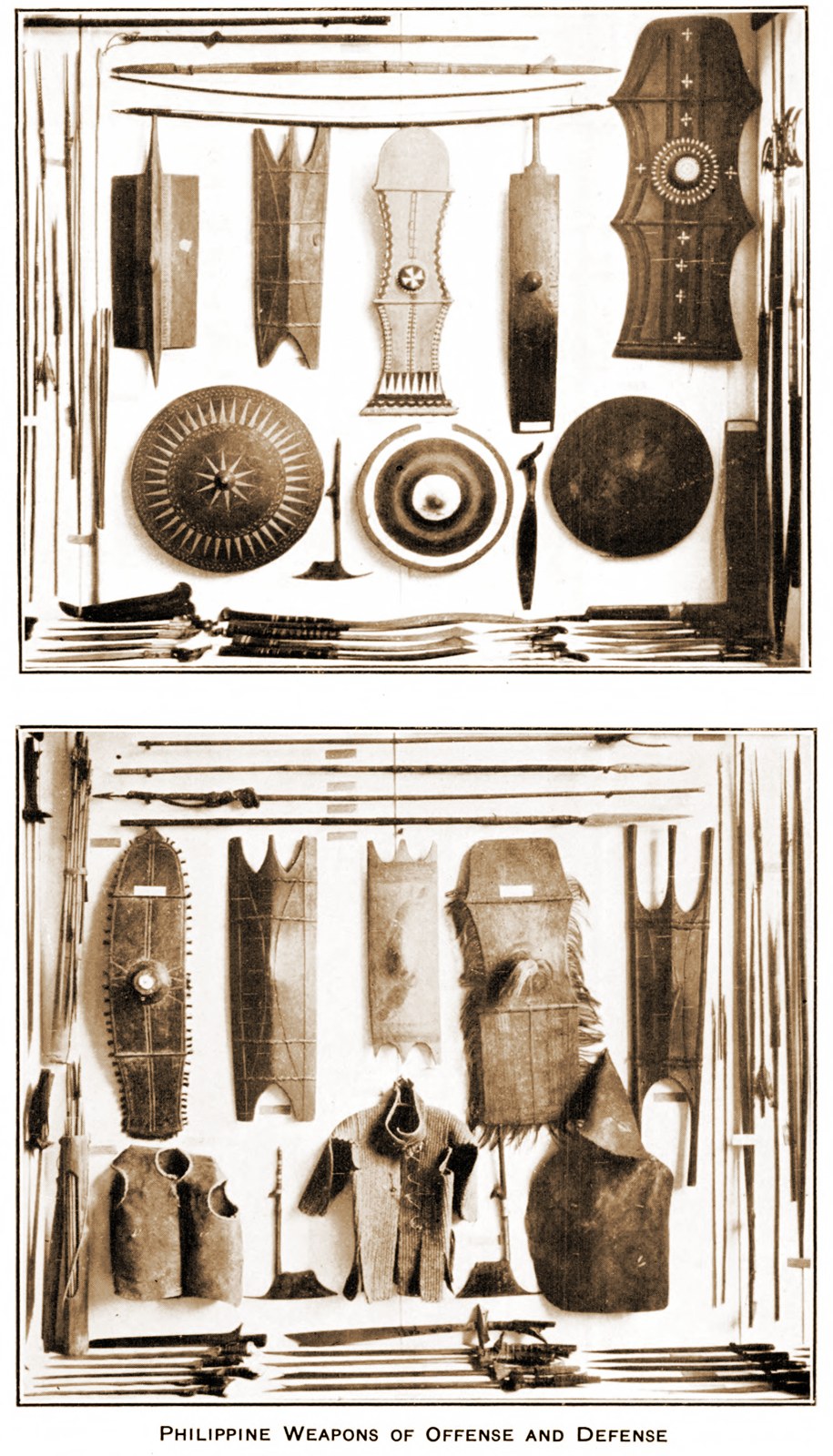 A poster displaying various Philippine weapons of offense and defense, such as swords, spears, and shields, with text at the bottom reading "Philippine Weapons of Offense and Defense".
