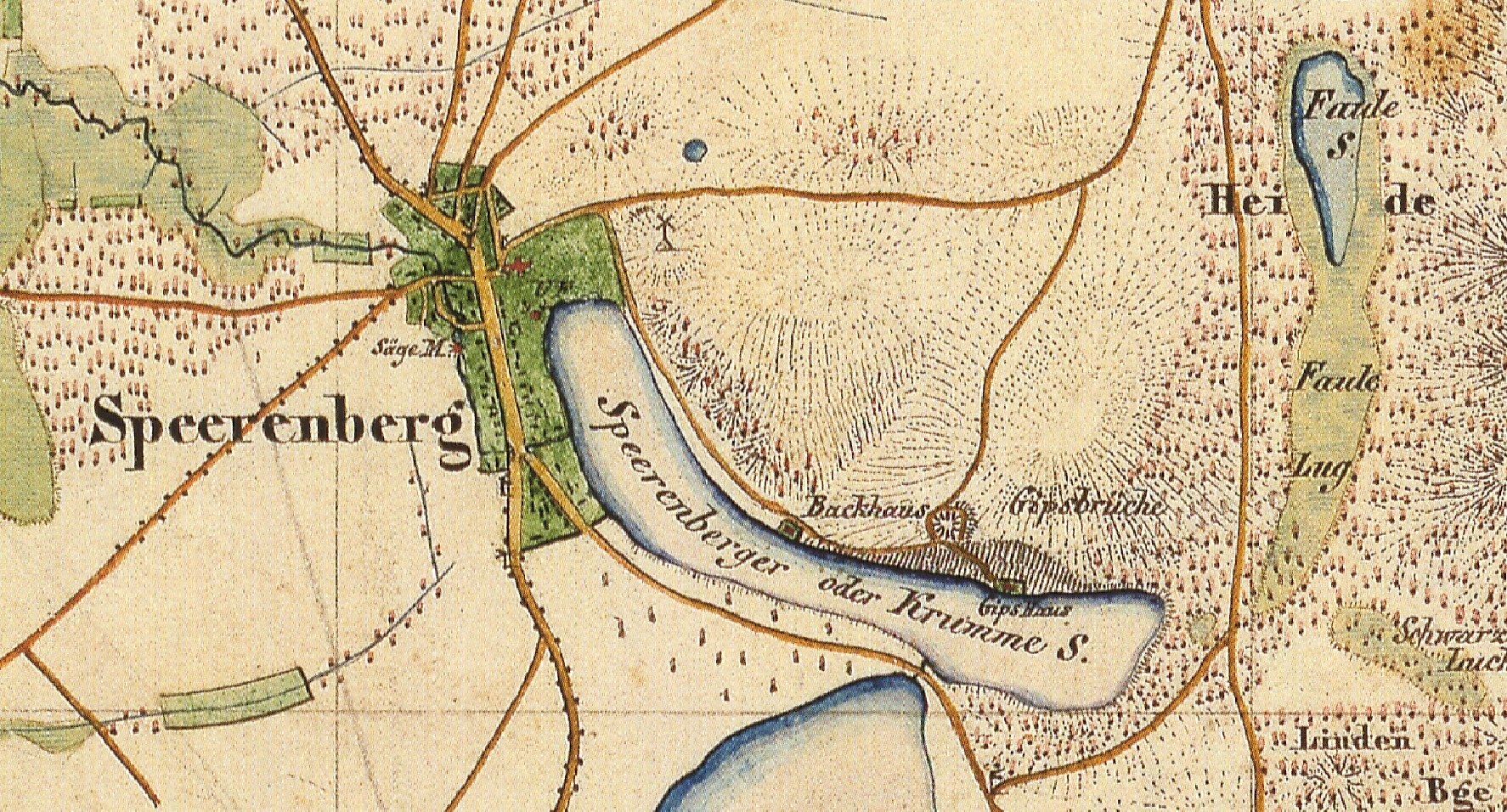 Detailed old map of Speerenberg, Germany, displaying streets, buildings, and other features with text annotations.