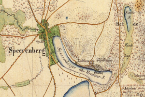 Detailed old map of Speerenberg, Germany, displaying streets, buildings, and other features with text annotations.