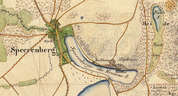 Detailed old map of Speerenberg, Germany, displaying streets, buildings, and other features with text annotations.