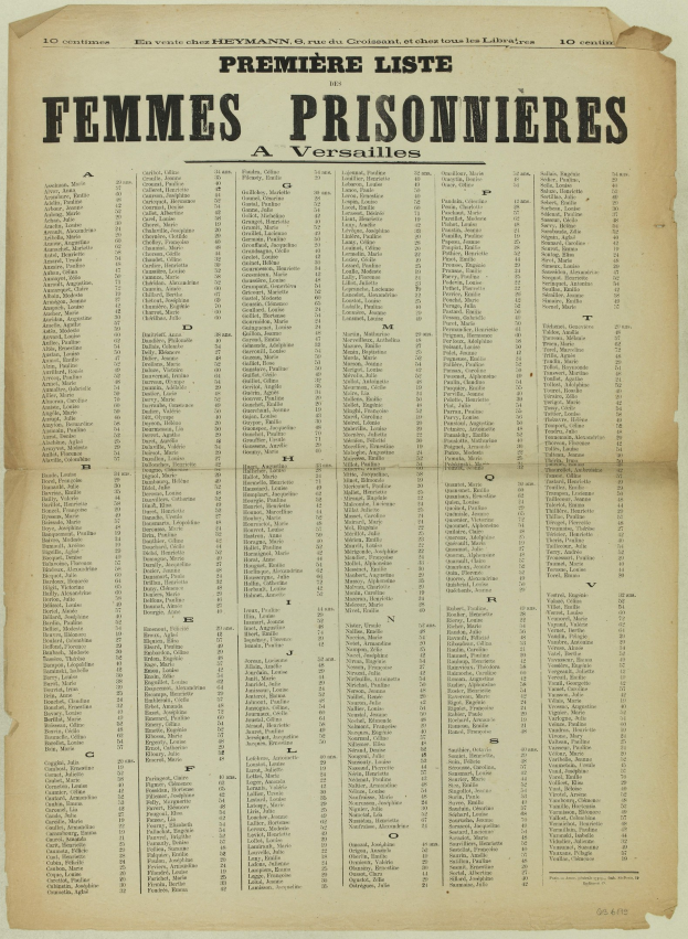 Gelb angelaufene alte Buchseite mit einer Liste von Frauenhäftlingsnamen in zwei Spalten, geschrieben in schwarzer Tinte.