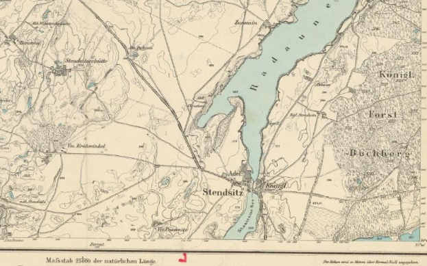 Ein detaillierter alter Stadtplan von Stendsitz, Deutschland, der Straßen, Gebäude, Sehenswürdigkeiten und einen Fluss durch die Stadt zeigt, mit Textinformationen zur Bevölkerung, Bevölkerungsdichte und Lage der Stadt.