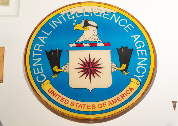 Das CIA-Logo und der Text "CIA" auf einer blauen Wand mit einem weißen Rand.