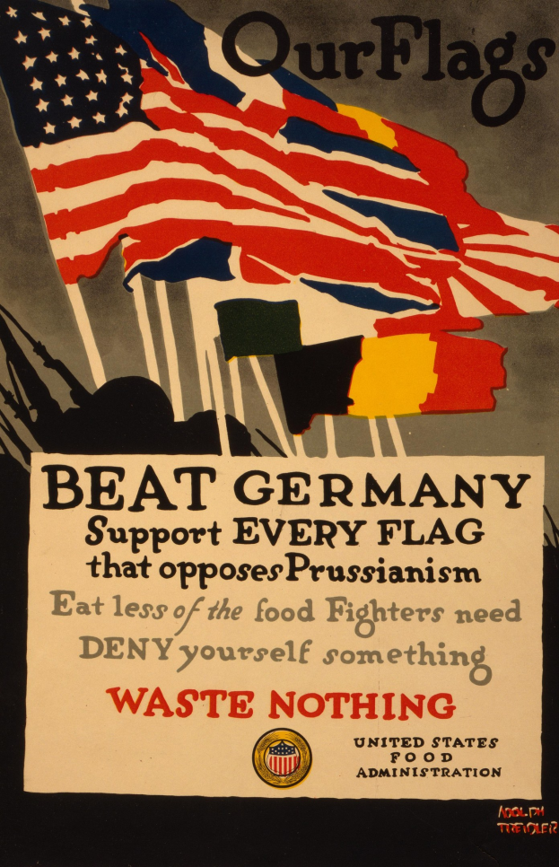 Plakat mit einer roten, weißen und blauen Flagge mit einem weißen Stern, schwarzem, fetten Text "Unsere Flaggen schlagen Deutschland - Unterstützt jede Flagge, die gegen Preußentum kämpft" und einem weißen Rand, das die Unterstützung der deutschen Rechte gegen das Preußentum fordert.