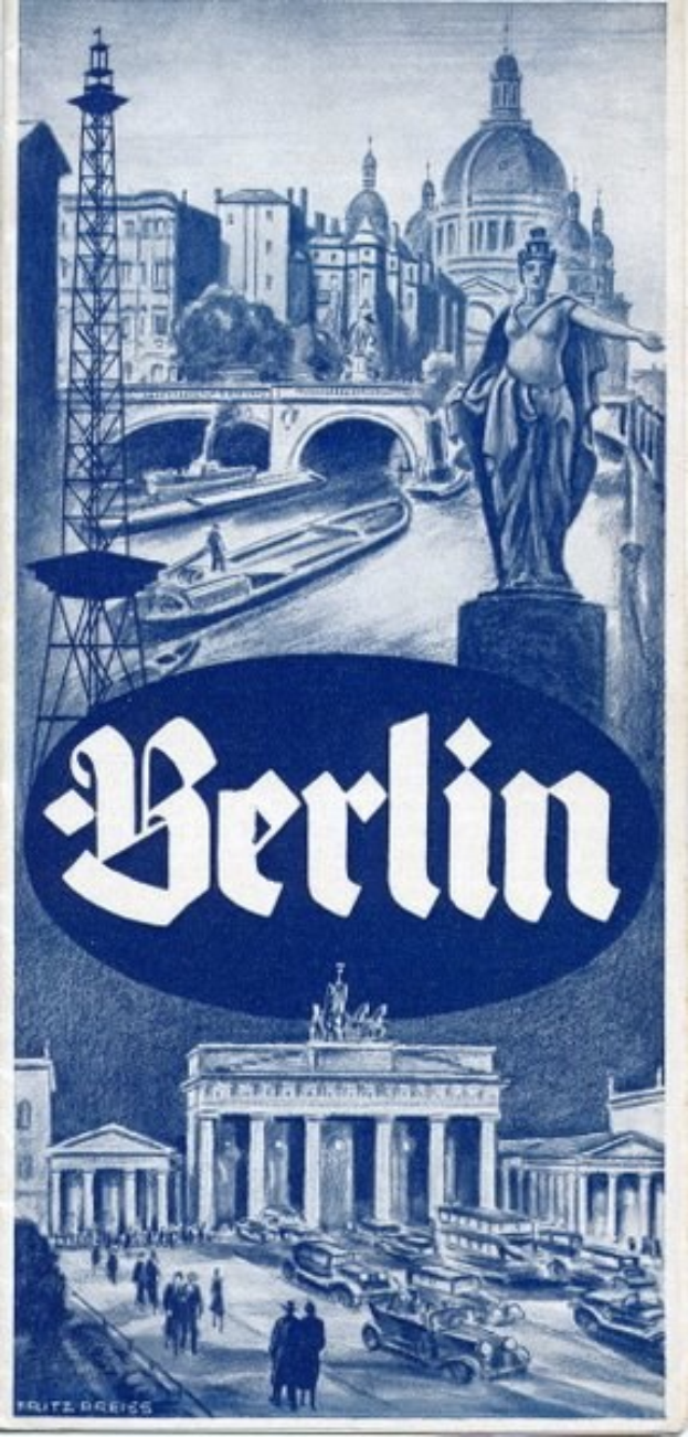Plakat wirbt für Berlin, Deutschland, mit einer Statue, Gebäuden, einem Turm, Menschen, Fahrzeugen auf der Straße, einer Brücke und Text mit Stadtinformationen.