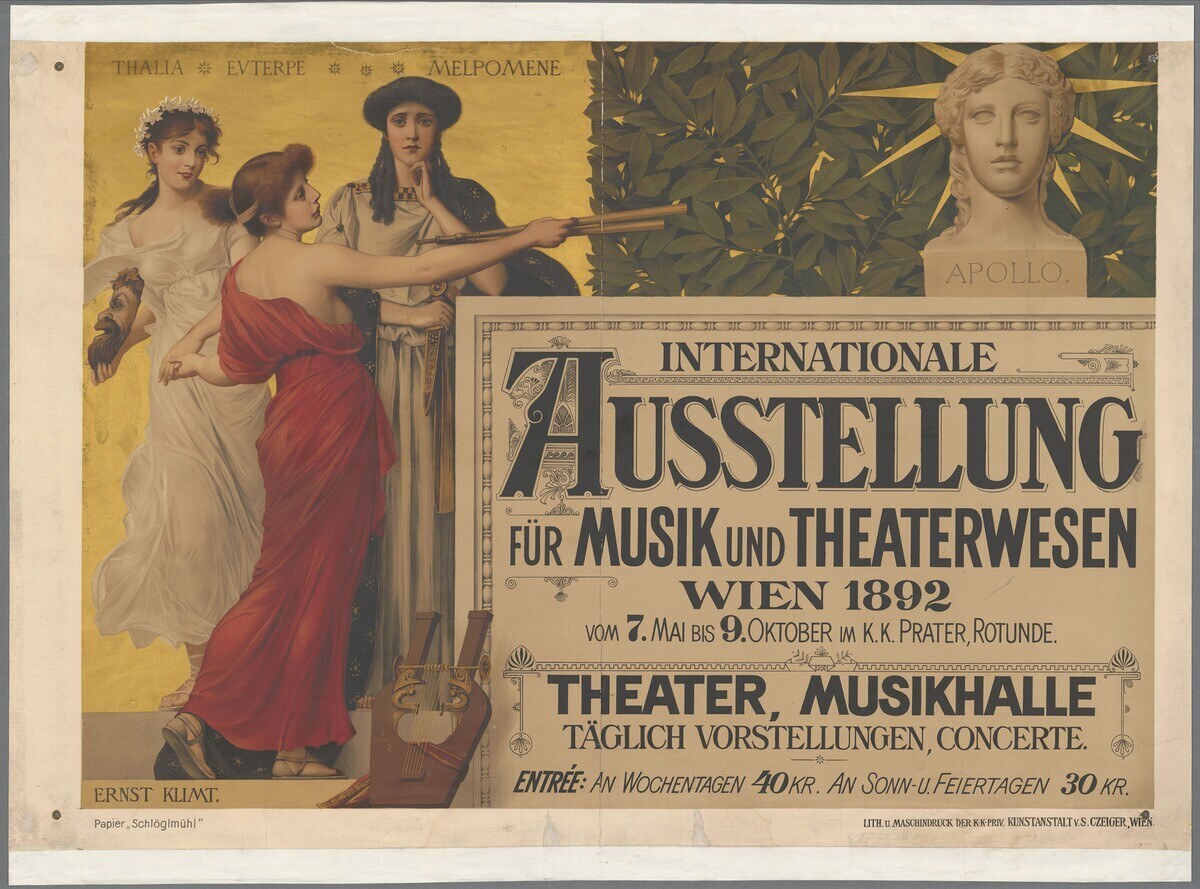 Plakat für die Internationale Ausstellung für Musik und Theaterwesen in Wien, Österreich, das eine Gruppe von Menschen in einem Kreis mit einer Frau, die ein Musikinstrument hält, und Text, der Event-Details bereitstellt, zeigt.